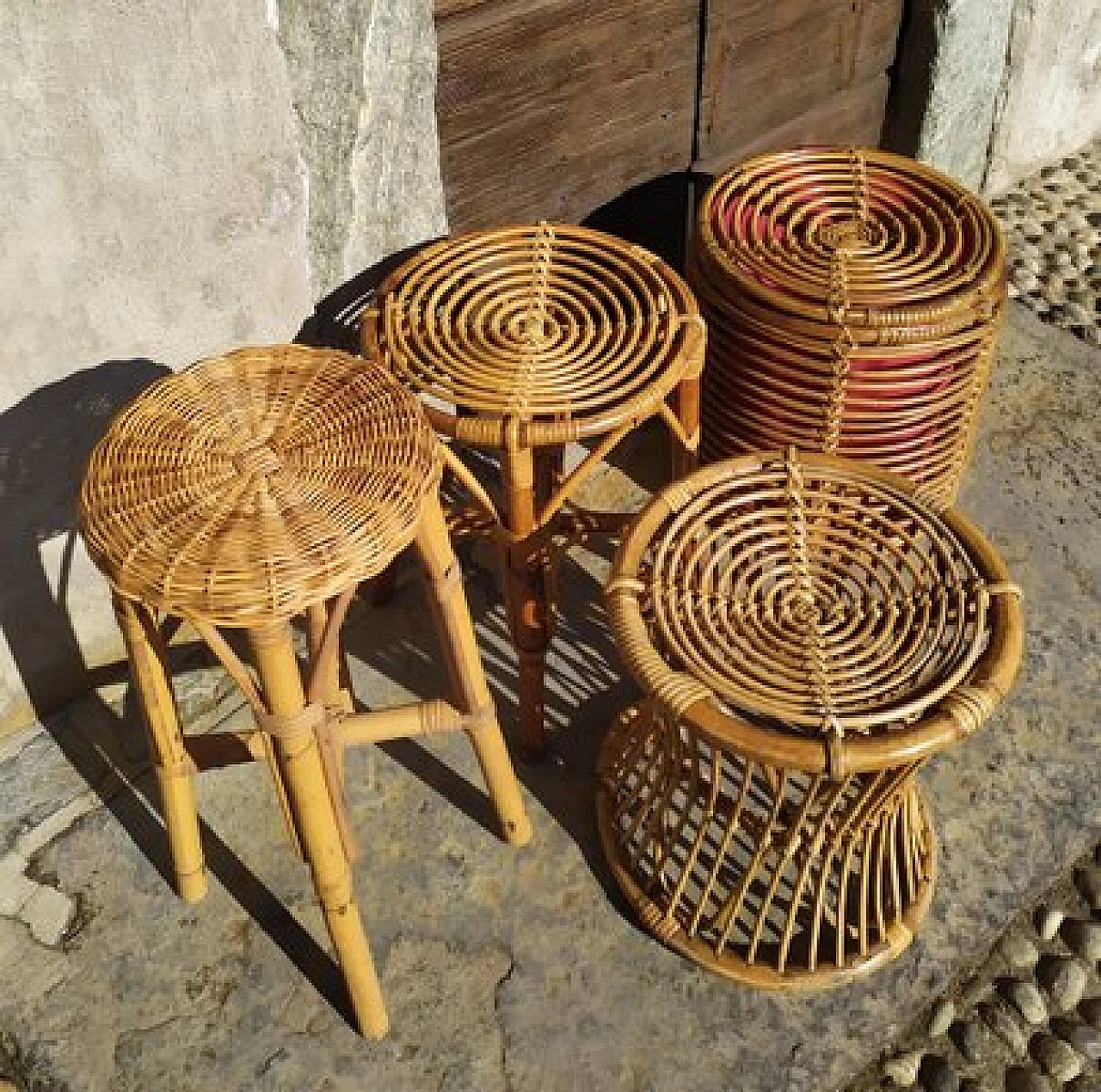 3 Wicker stools and pouf attributed to Tito Agnoli for Bonacina, 1950s 4