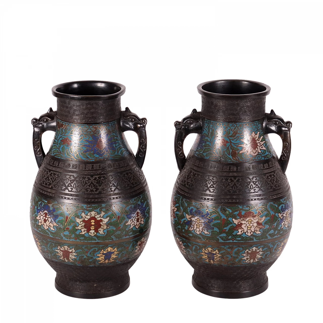 Coppia di vasi giapponesi in bronzo decorati con smalti cloisonné, metà '800 1