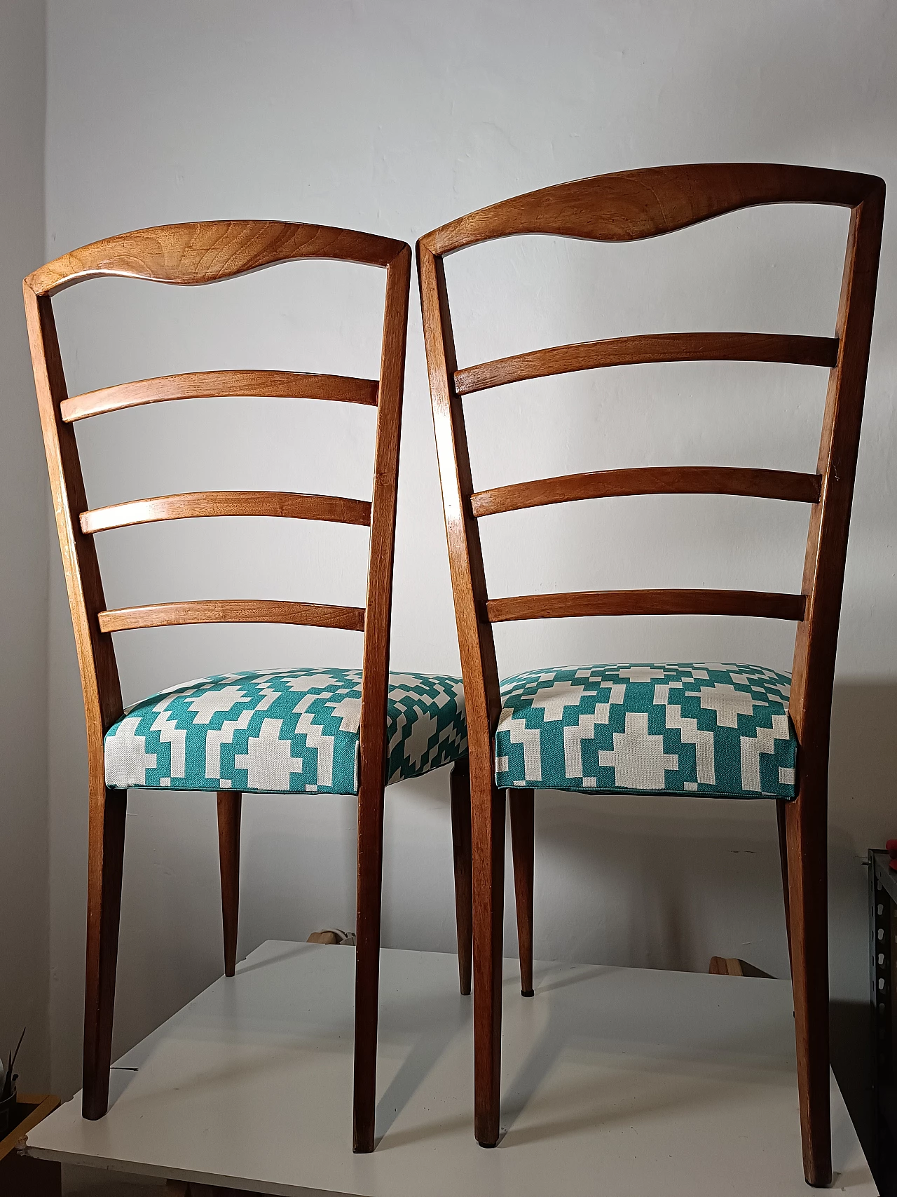 Pair of Scandinavian wood and fabric chairs, 1960s 8