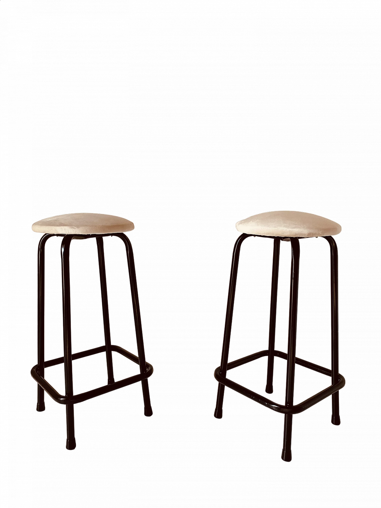 Pair of iron and beige velvet stools, 1960s 10
