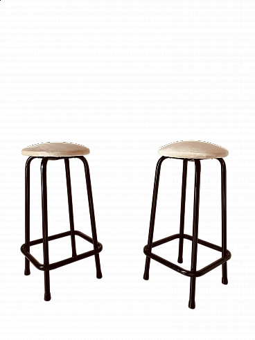 Pair of iron and beige velvet stools, 1960s