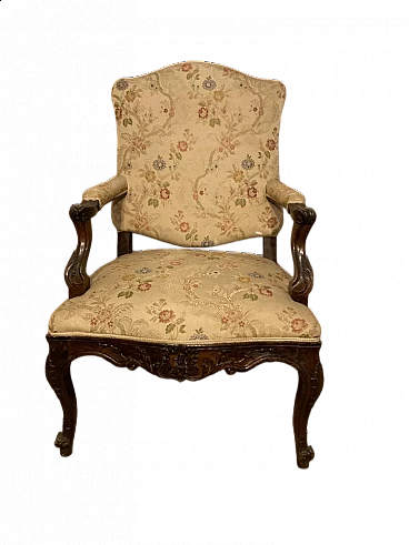 Pair of Louis XV armchairs in carved walnut with fabric upholstery, 19th century