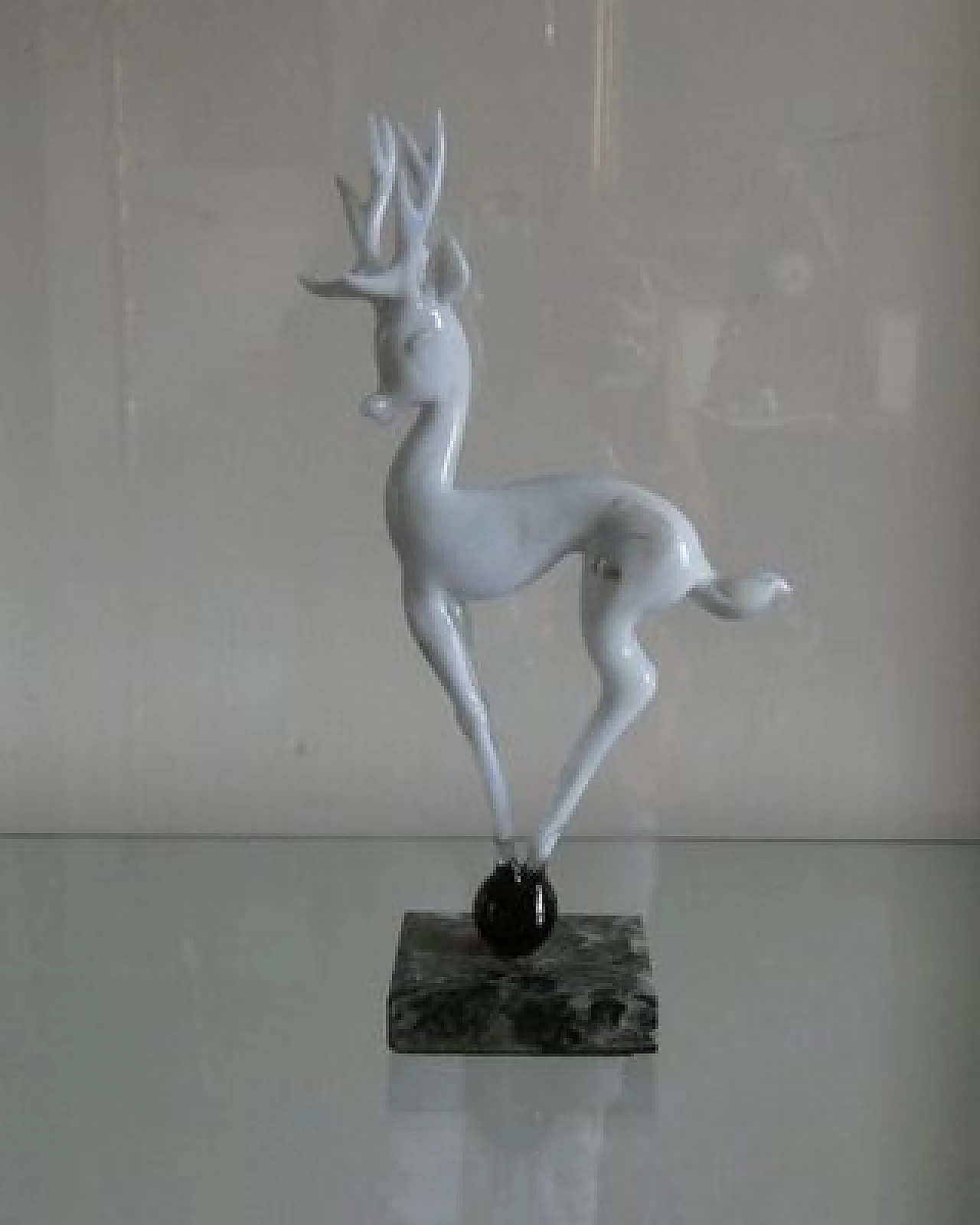 Glass deer sculpture on sphere with marble base by Istvan Komaromy, 1950s 1