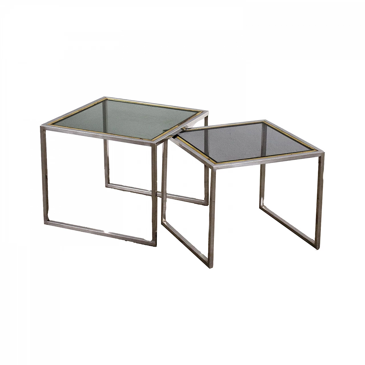 Pair of coffee tables in brass, chromed metal and smoked glass, 1970s 1