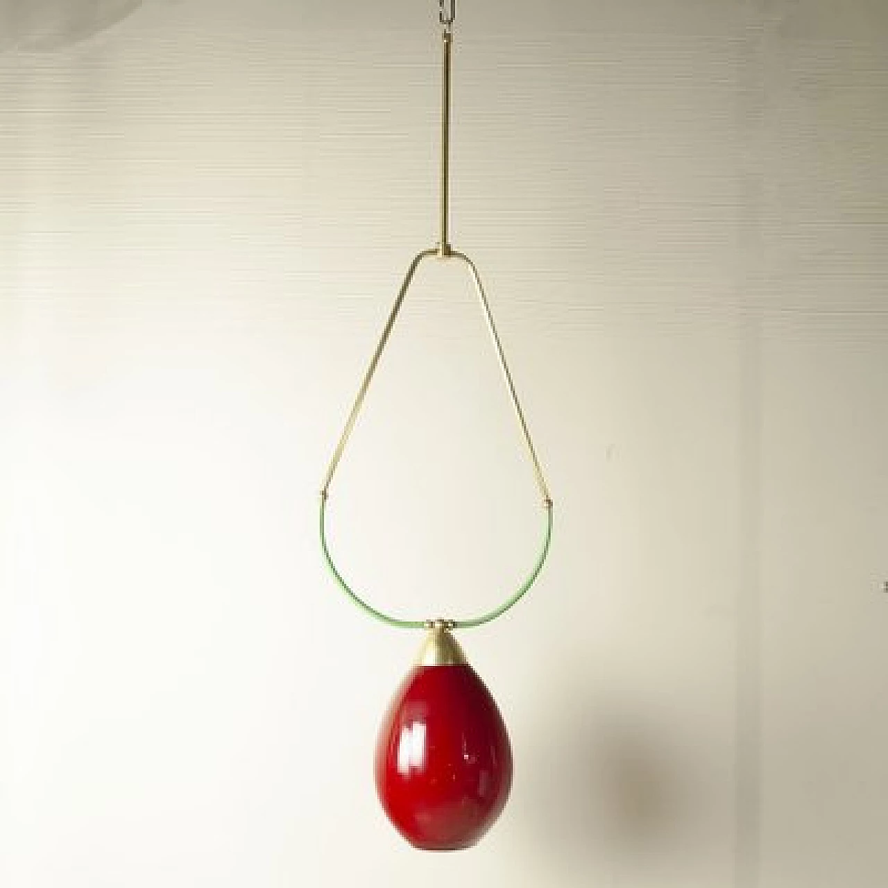 Chandelier with scaled brass frame and red Murano glass shade, 1950s 1