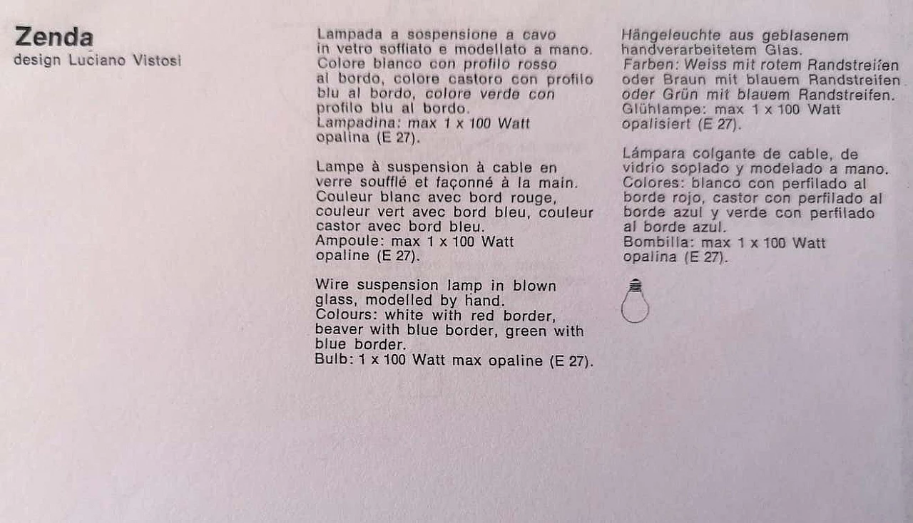 Lampadario Zenda in vetro soffiato bianco di Luciano Vistosi, anni '70 14