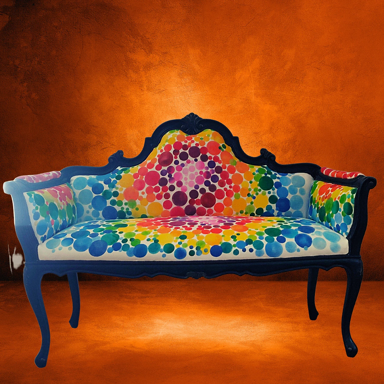 Divanetto in legno e tessuto dipinto a mano 5