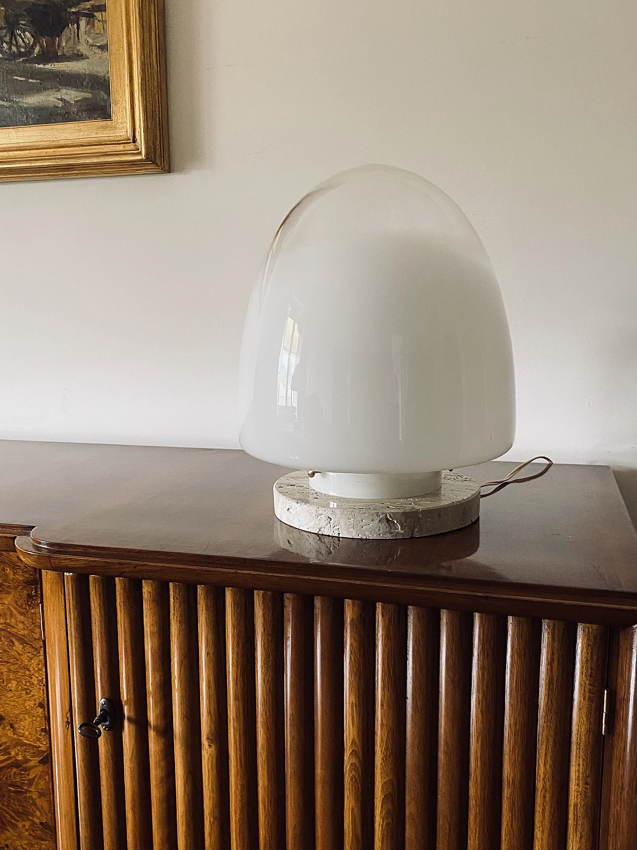 Lampada da tavolo in travertino e vetro di Giusto Toso per Leucos, anni '70 3