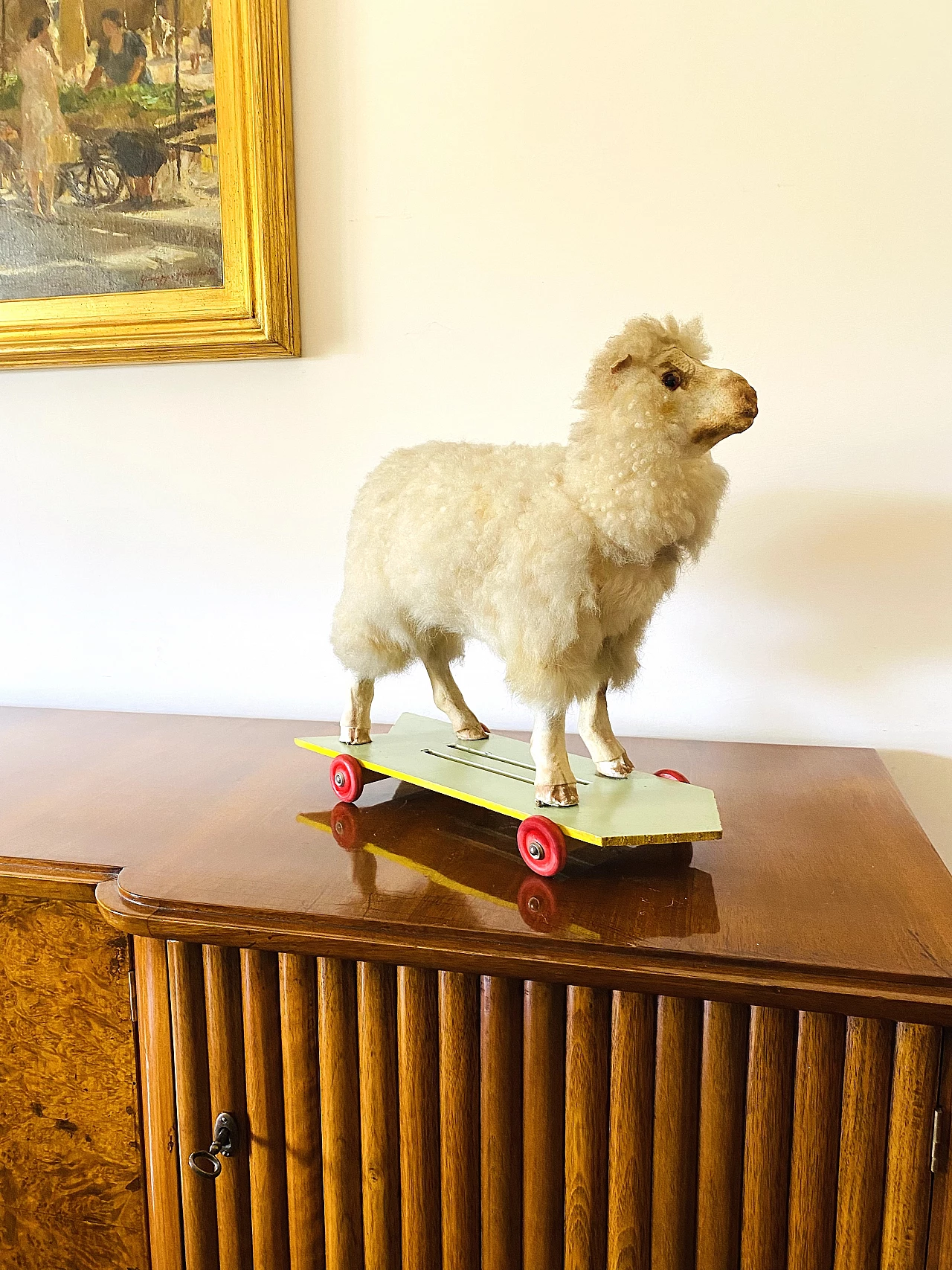 Wool and wood toy sheep with wheels 4