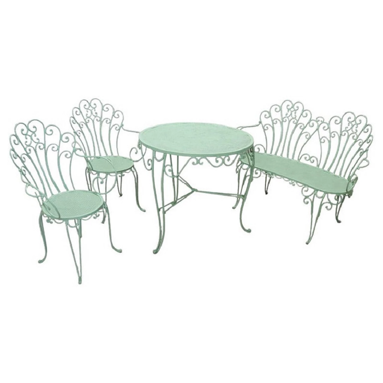 Coppia di sedie, divanetto e tavolo da giardino in ferro laccato verde, anni '20 1