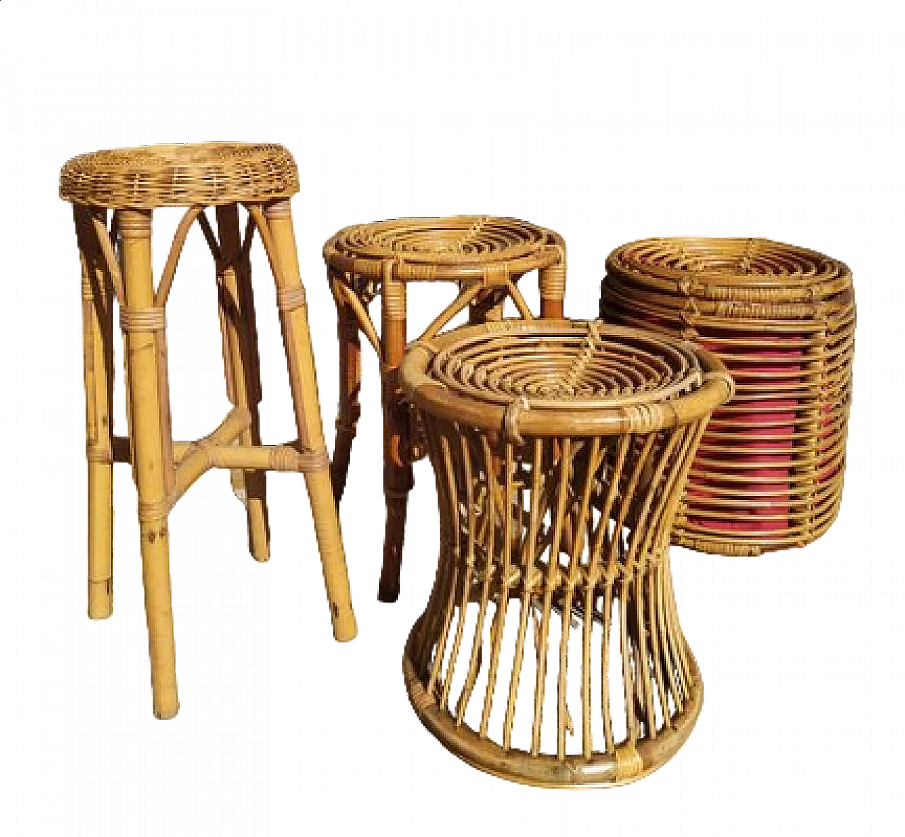 3 Wicker stools and pouf attributed to Tito Agnoli for Bonacina, 1950s 5