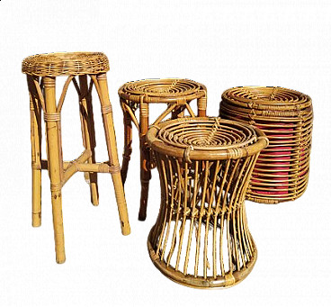 3 Wicker stools and pouf attributed to Tito Agnoli for Bonacina, 1950s
