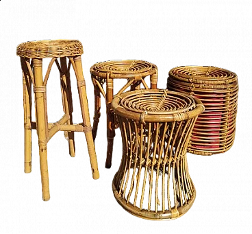 3 Wicker stools and pouf attributed to Tito Agnoli for Bonacina, 1950s