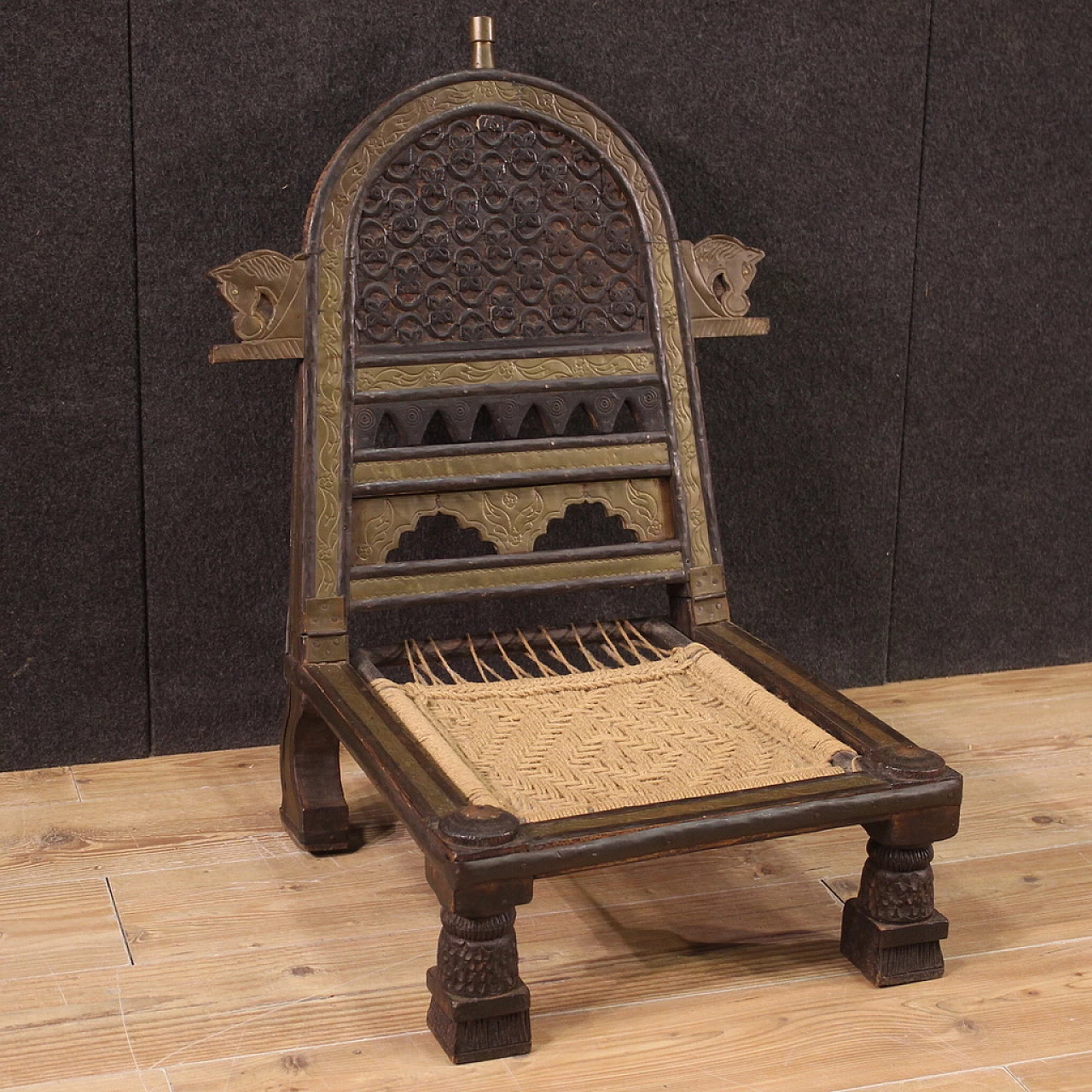 Indian carved exotic wood chair with gilded and chiselled metal decorations, 1960s 1