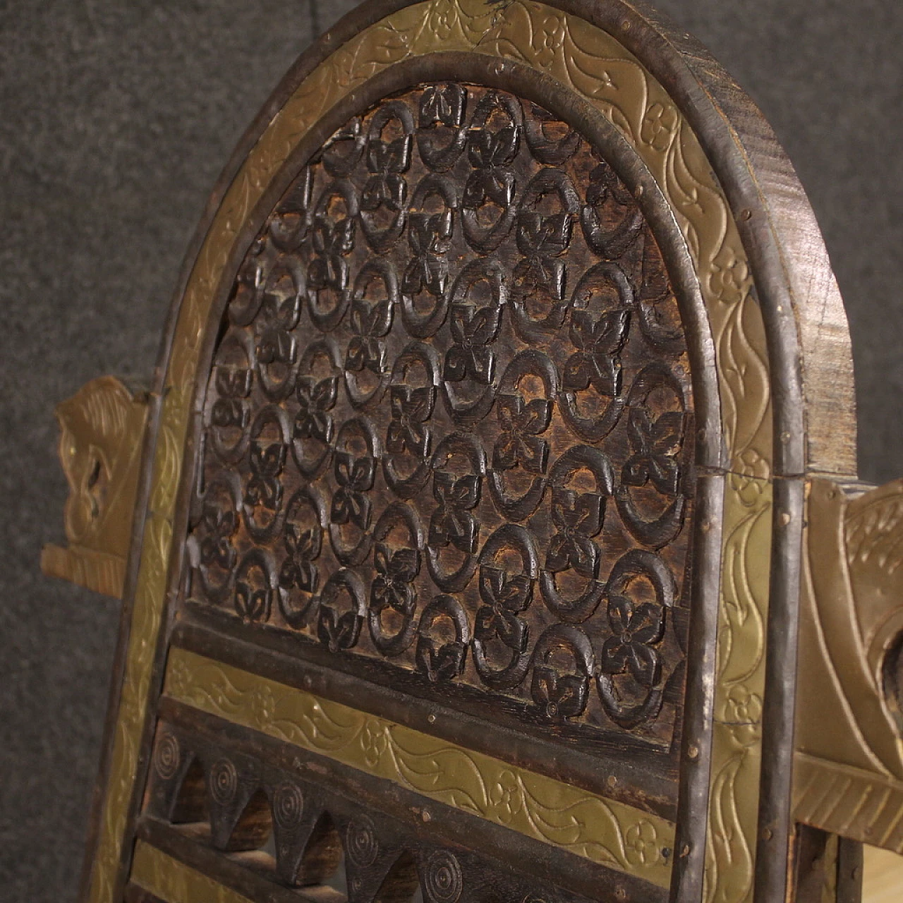 Indian carved exotic wood chair with gilded and chiselled metal decorations, 1960s 4