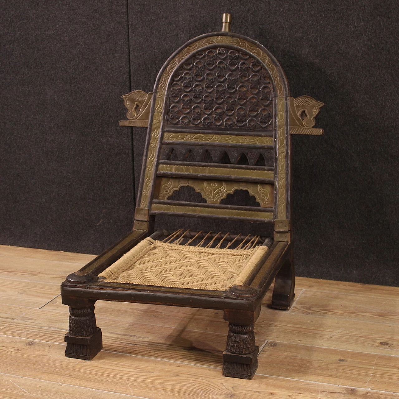 Indian carved exotic wood chair with gilded and chiselled metal decorations, 1960s 5