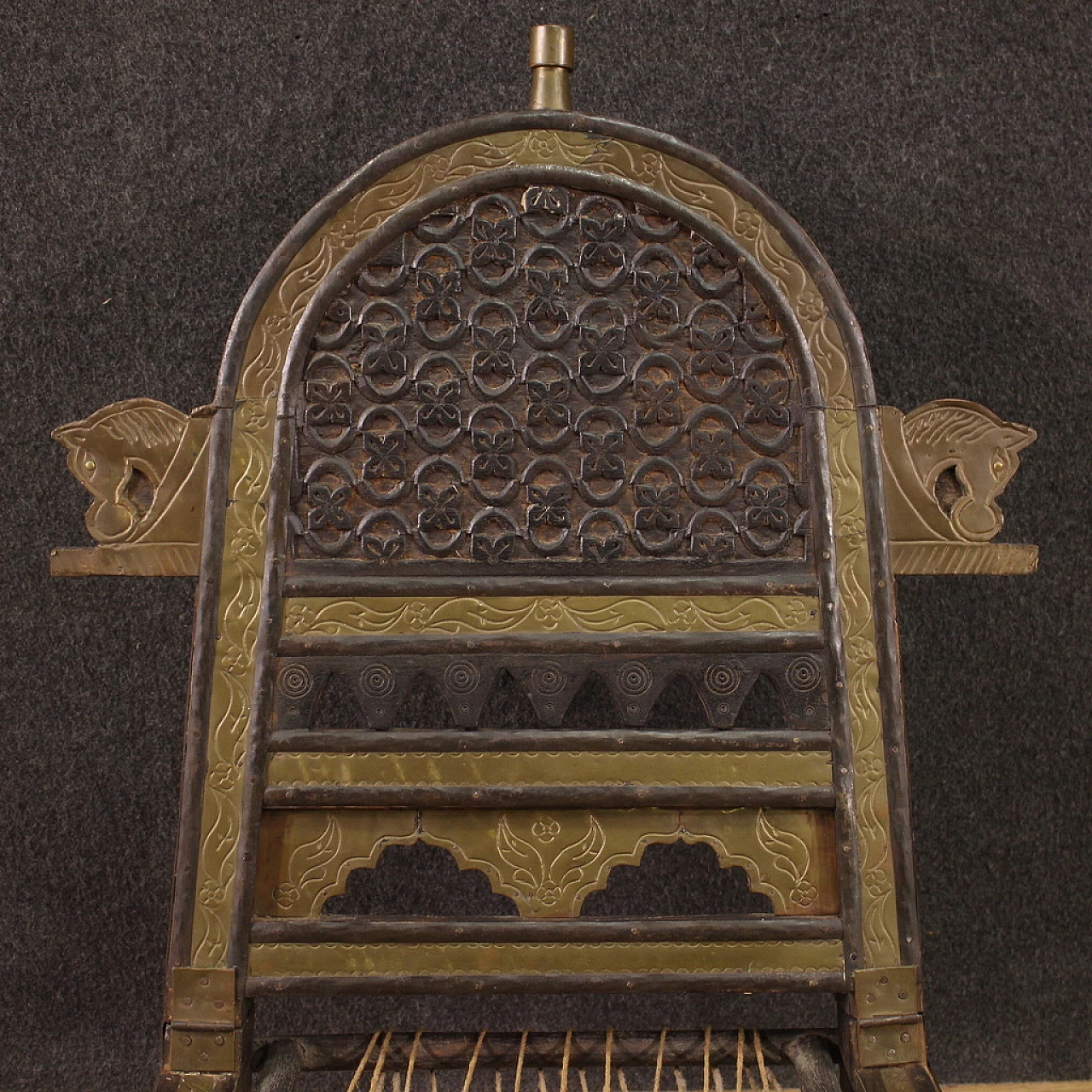 Indian carved exotic wood chair with gilded and chiselled metal decorations, 1960s 6