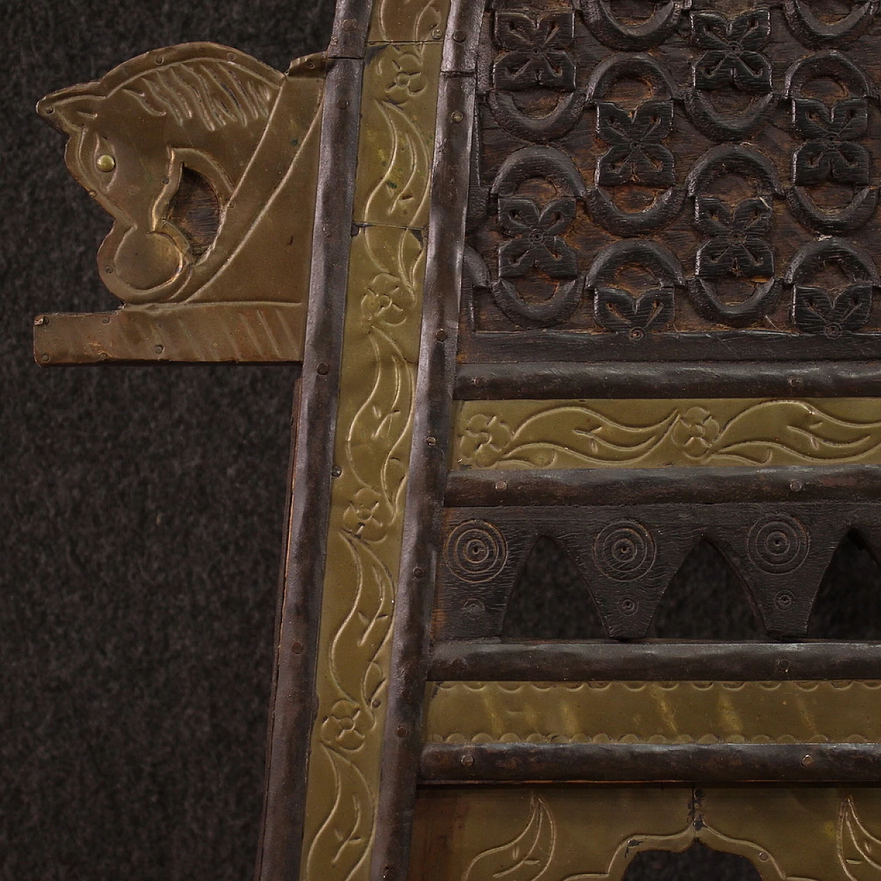 Indian carved exotic wood chair with gilded and chiselled metal decorations, 1960s 7