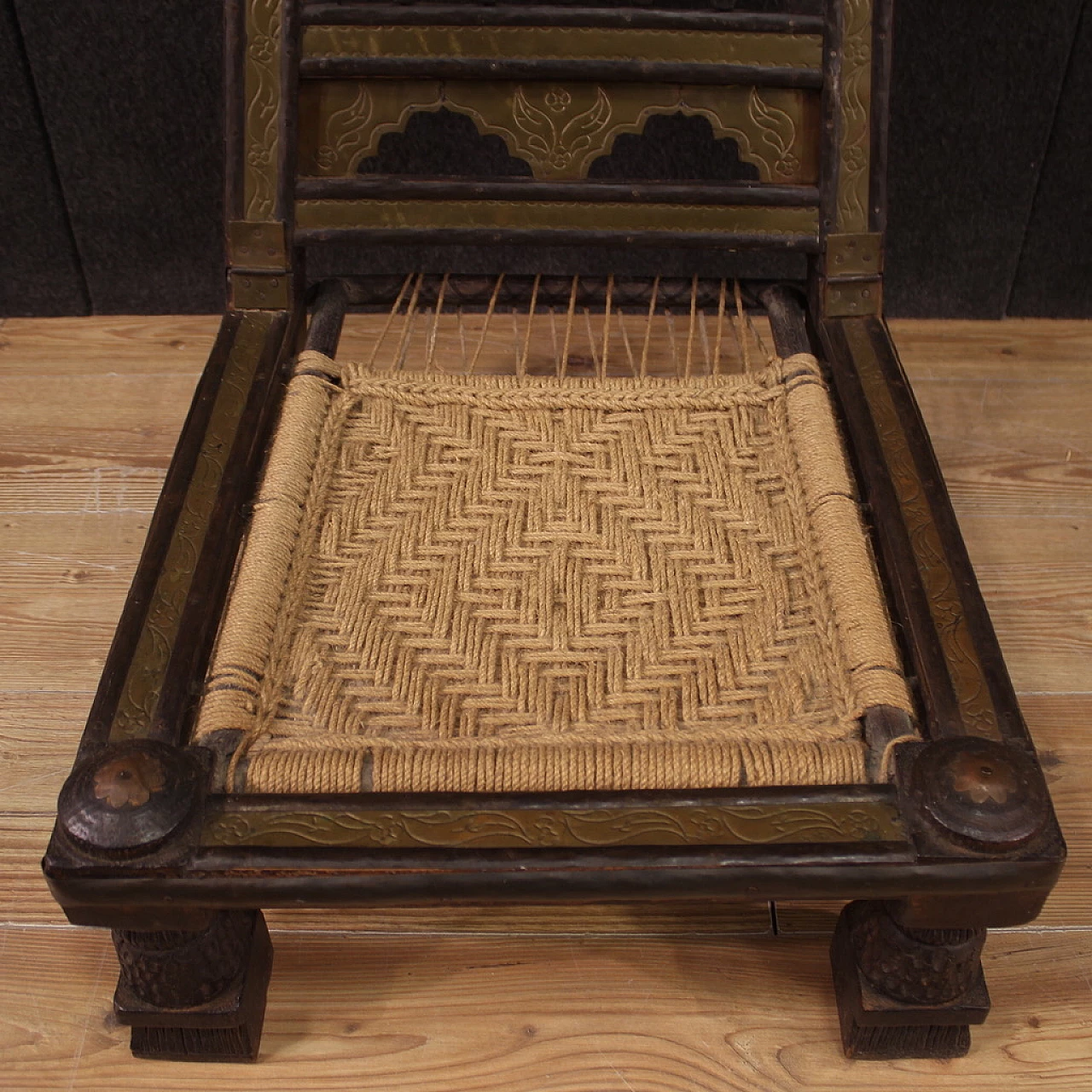 Indian carved exotic wood chair with gilded and chiselled metal decorations, 1960s 8