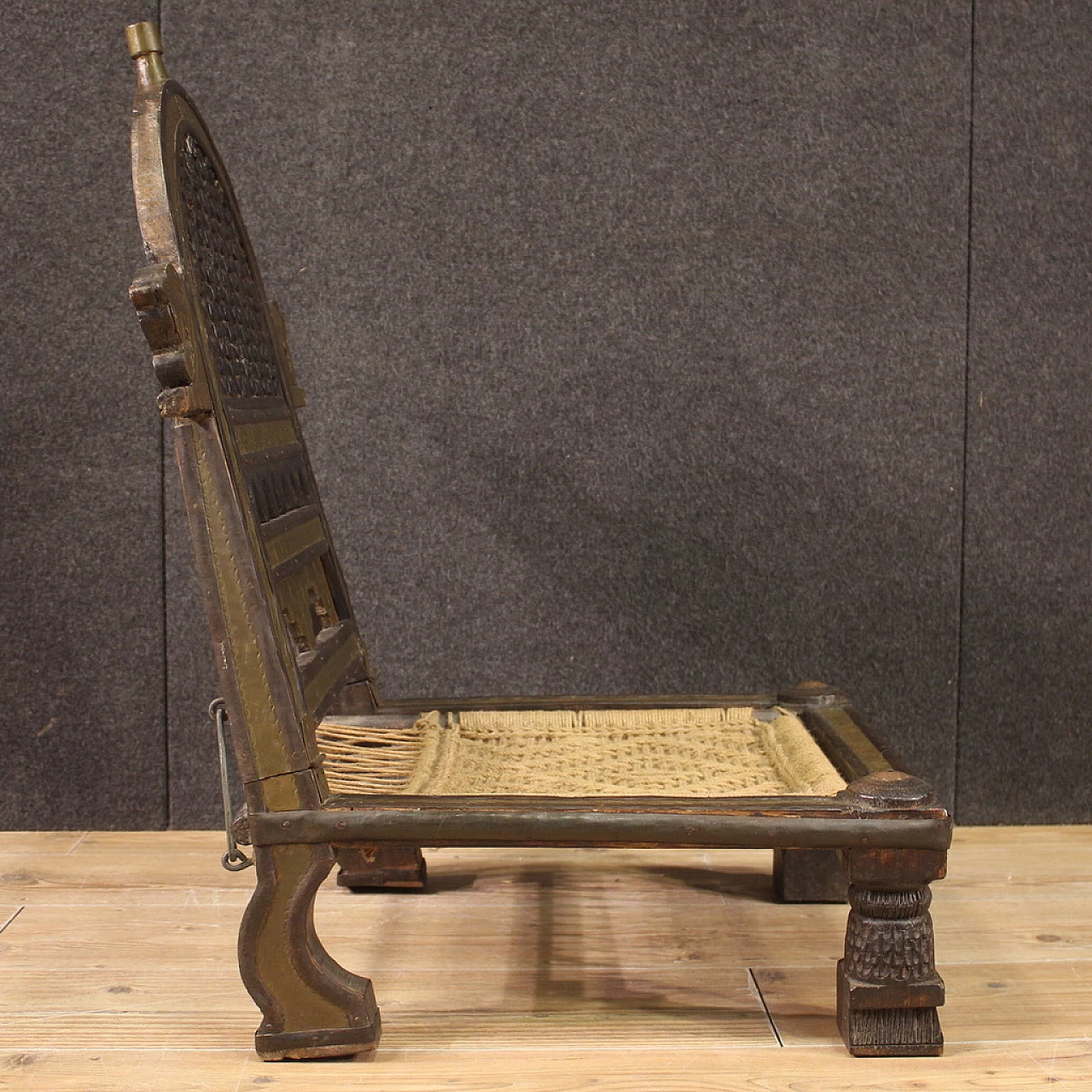 Indian carved exotic wood chair with gilded and chiselled metal decorations, 1960s 9