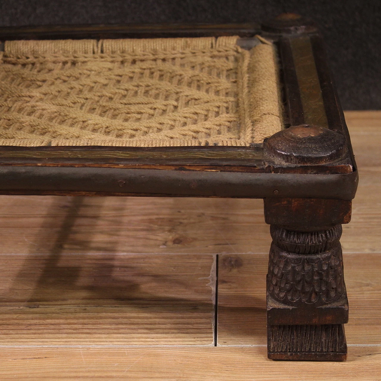 Indian carved exotic wood chair with gilded and chiselled metal decorations, 1960s 10