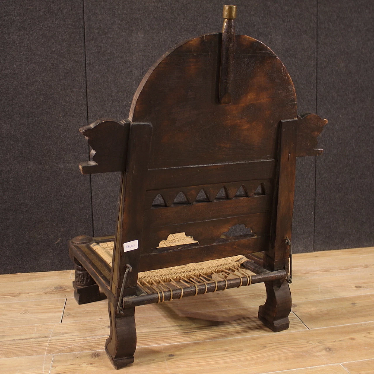 Indian carved exotic wood chair with gilded and chiselled metal decorations, 1960s 12