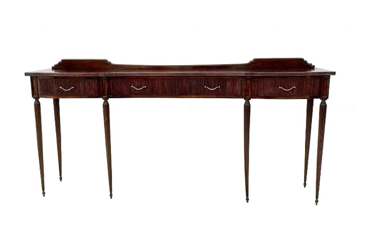 Wooden console table with brass handles and four drawers, 1950s 1