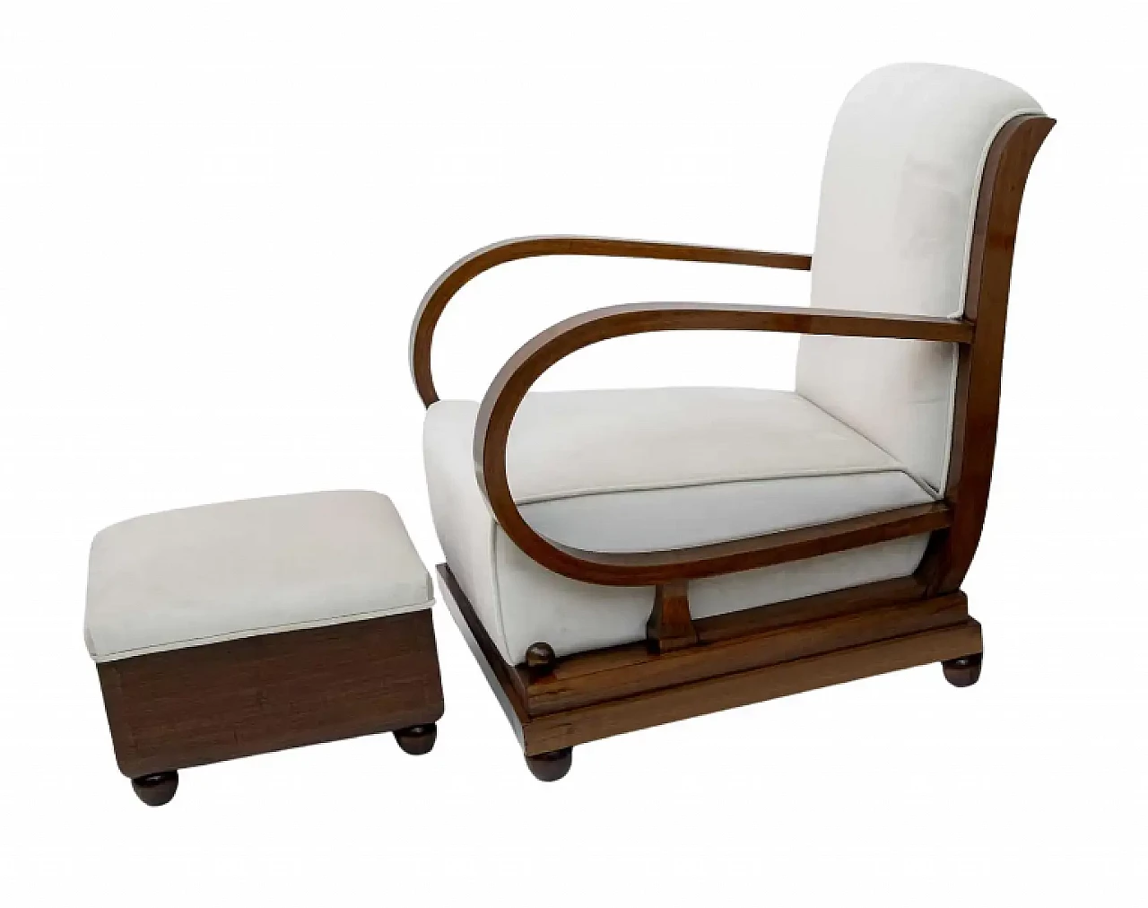 Armchair with pouf in wood and velvet, 1920s 1