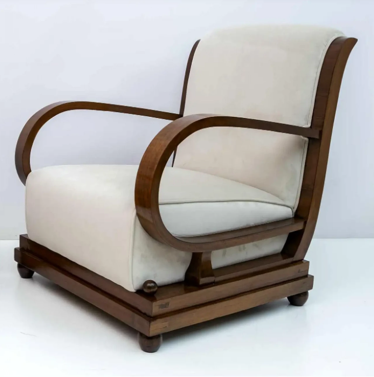 Armchair with pouf in wood and velvet, 1920s 2