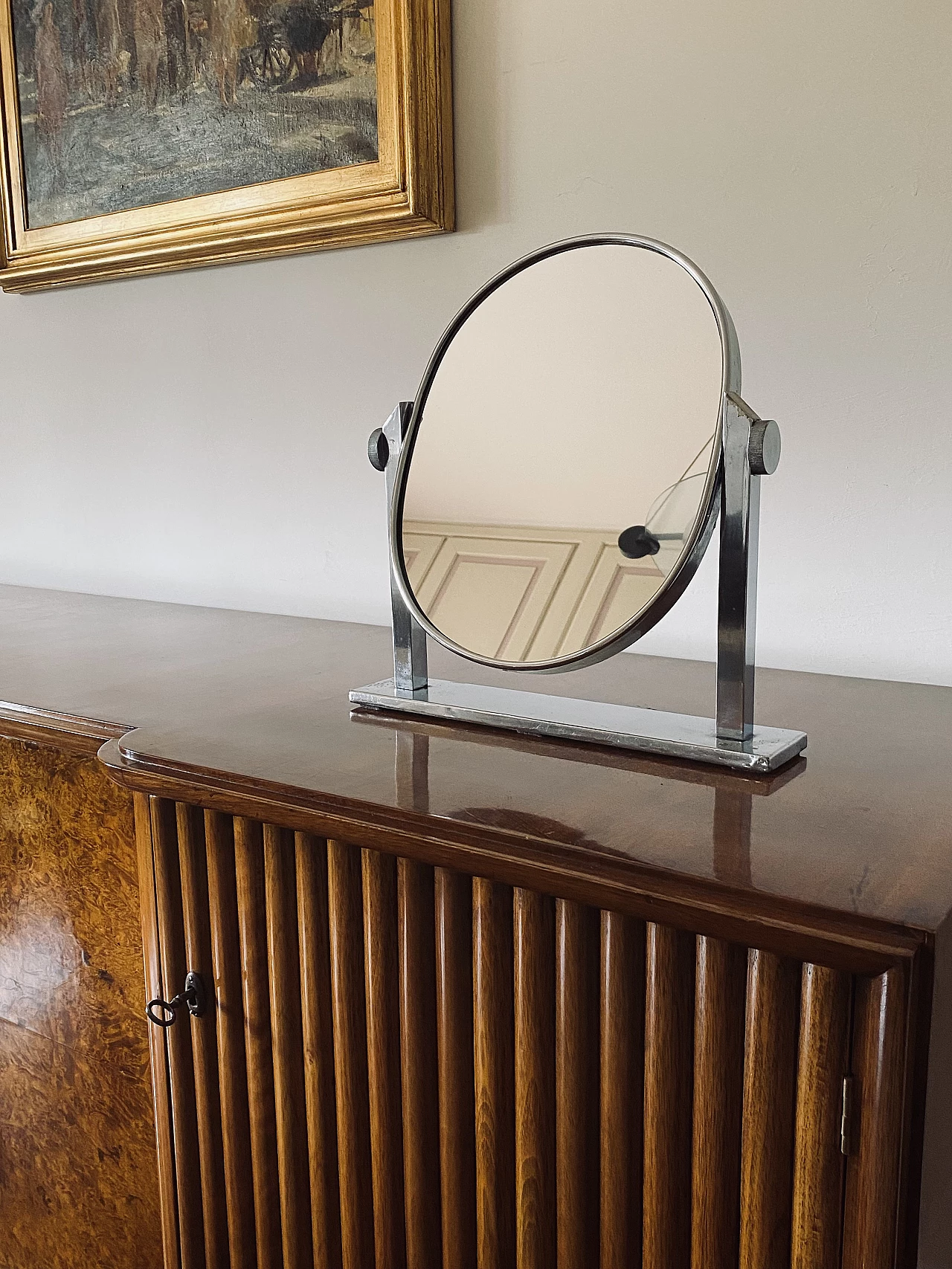 Specchio da tavolo in ottone placcato nichel, anni '60 2