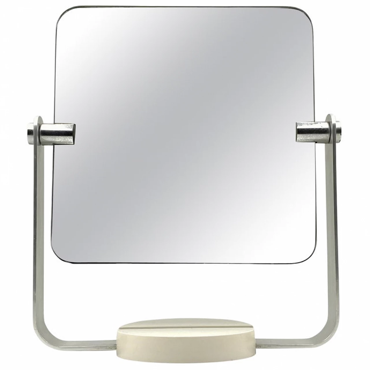 Specchio da tavolo in metallo con base bianca, anni '70 1