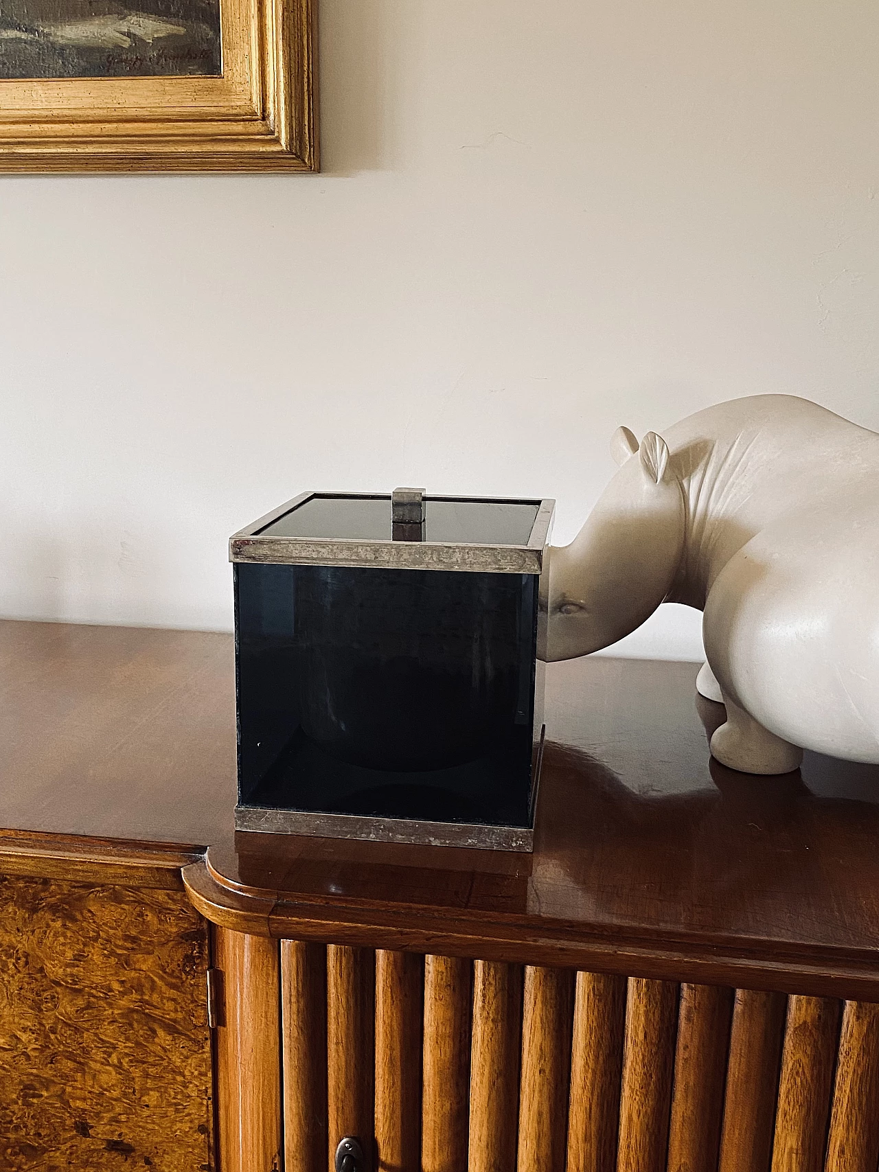 Blue plexiglass and brass ice bucket, 1970s 3