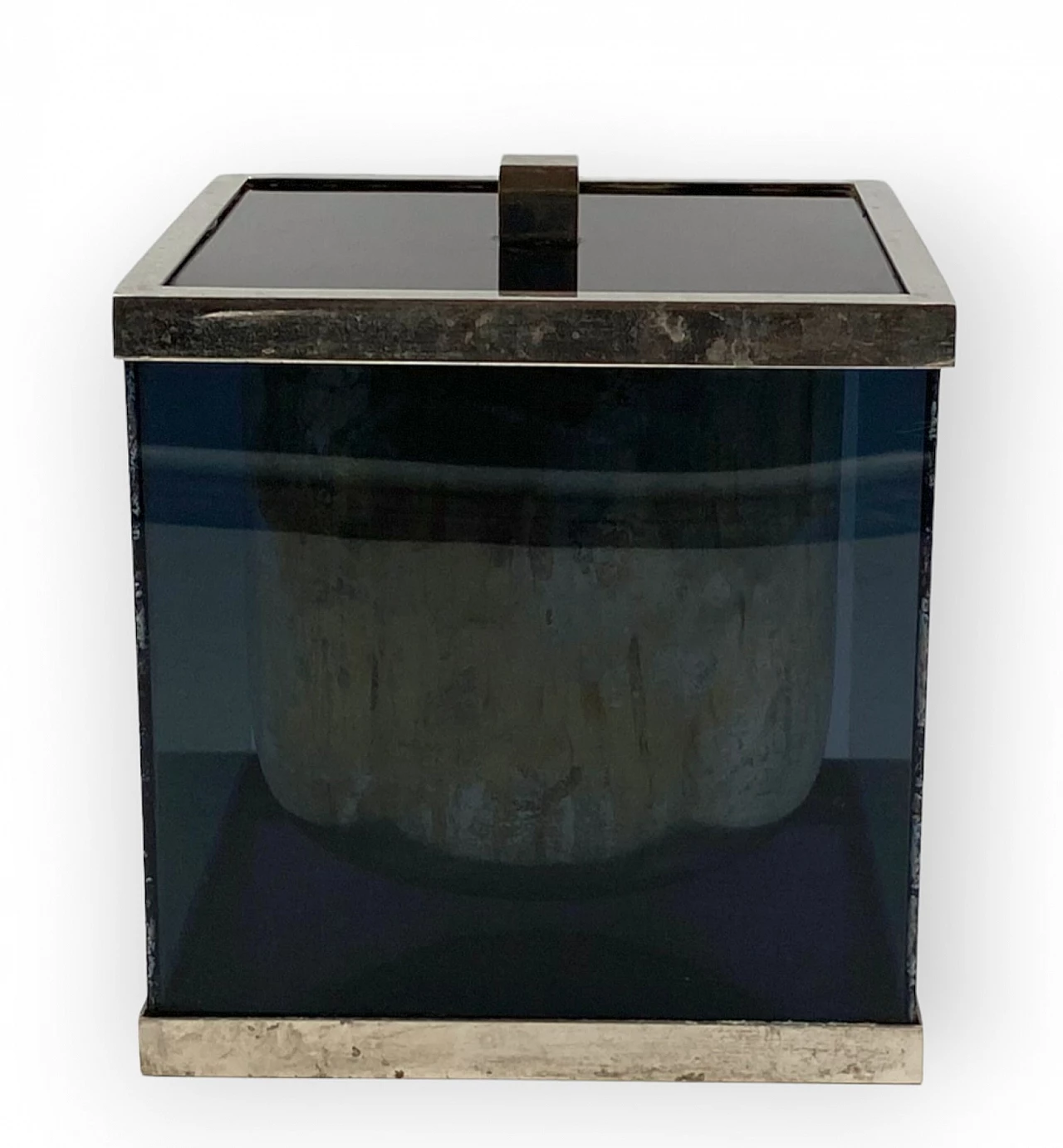 Blue plexiglass and brass ice bucket, 1970s 9