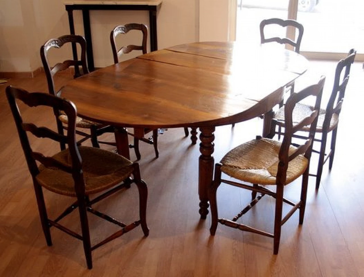 6 Oak chairs and walnut extendable table, 19th century 6