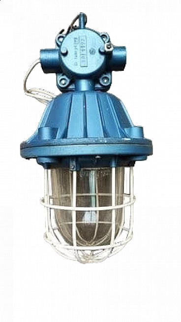 Polish industrial cast iron and glass hanging lamp, 1950s