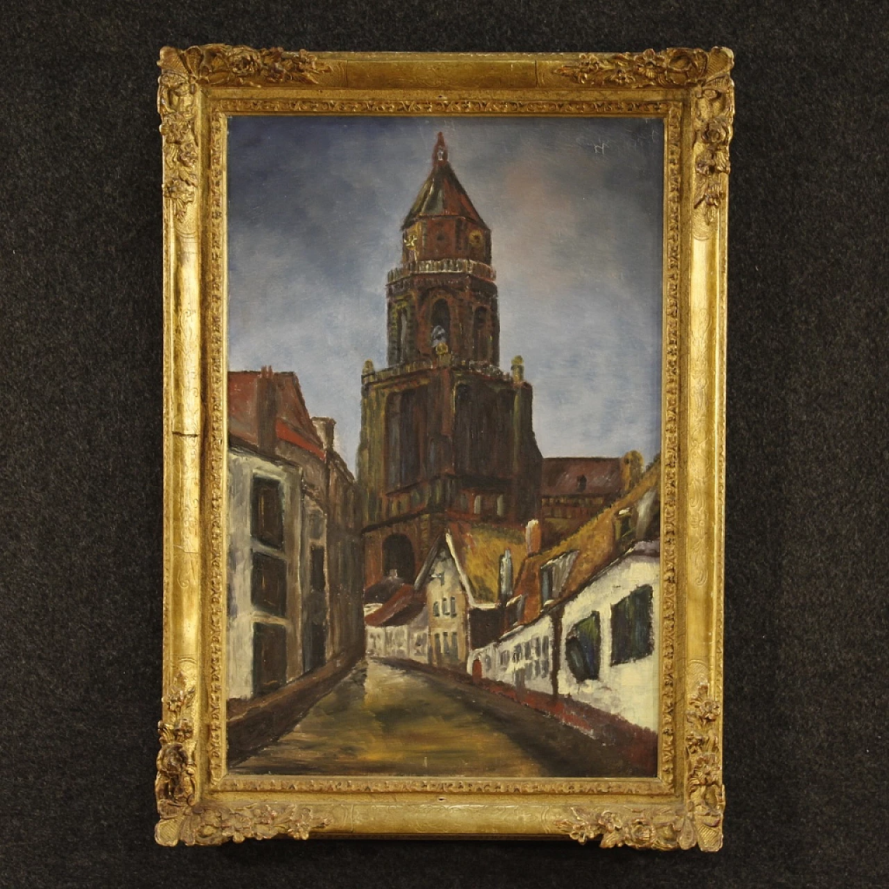 Dutch Impressionist-style painting of a view of a cathedral, oil on canvas, 1960s 1