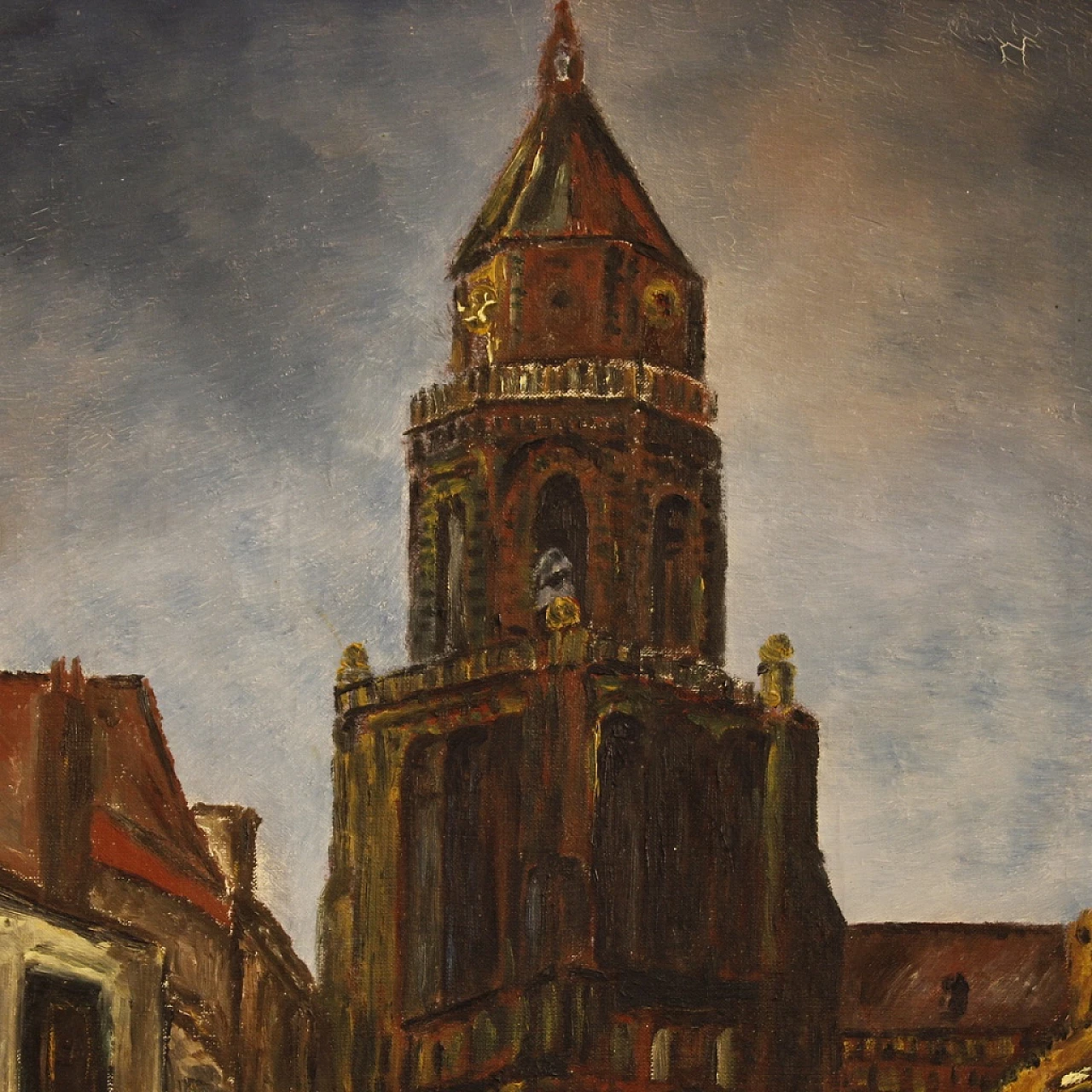Dipinto olandese in stile impressionista di veduta di cattedrale, olio su tela, anni '60 2