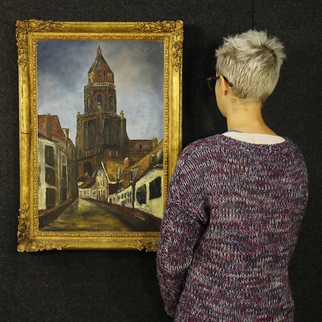 Dipinto olandese in stile impressionista di veduta di cattedrale, olio su tela, anni '60 4