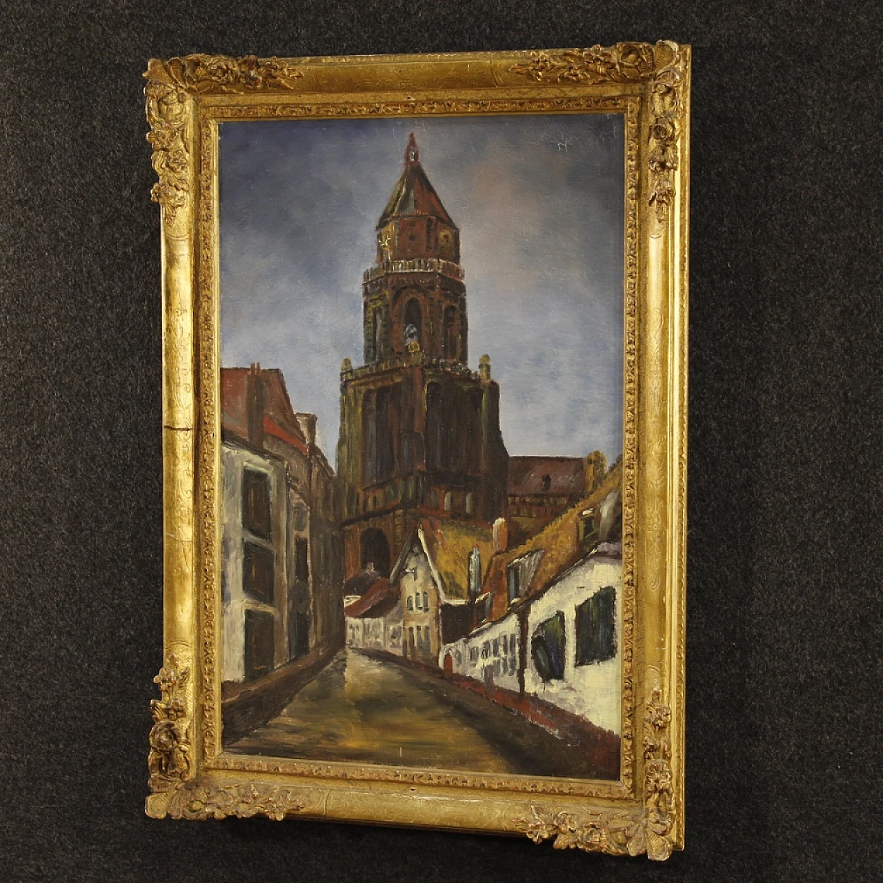 Dipinto olandese in stile impressionista di veduta di cattedrale, olio su tela, anni '60 6