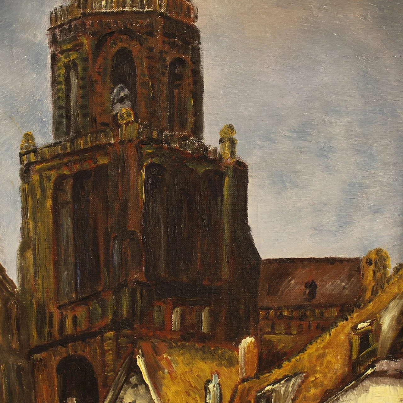Dipinto olandese in stile impressionista di veduta di cattedrale, olio su tela, anni '60 7