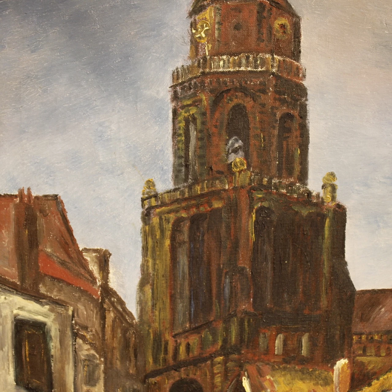 Dipinto olandese in stile impressionista di veduta di cattedrale, olio su tela, anni '60 8