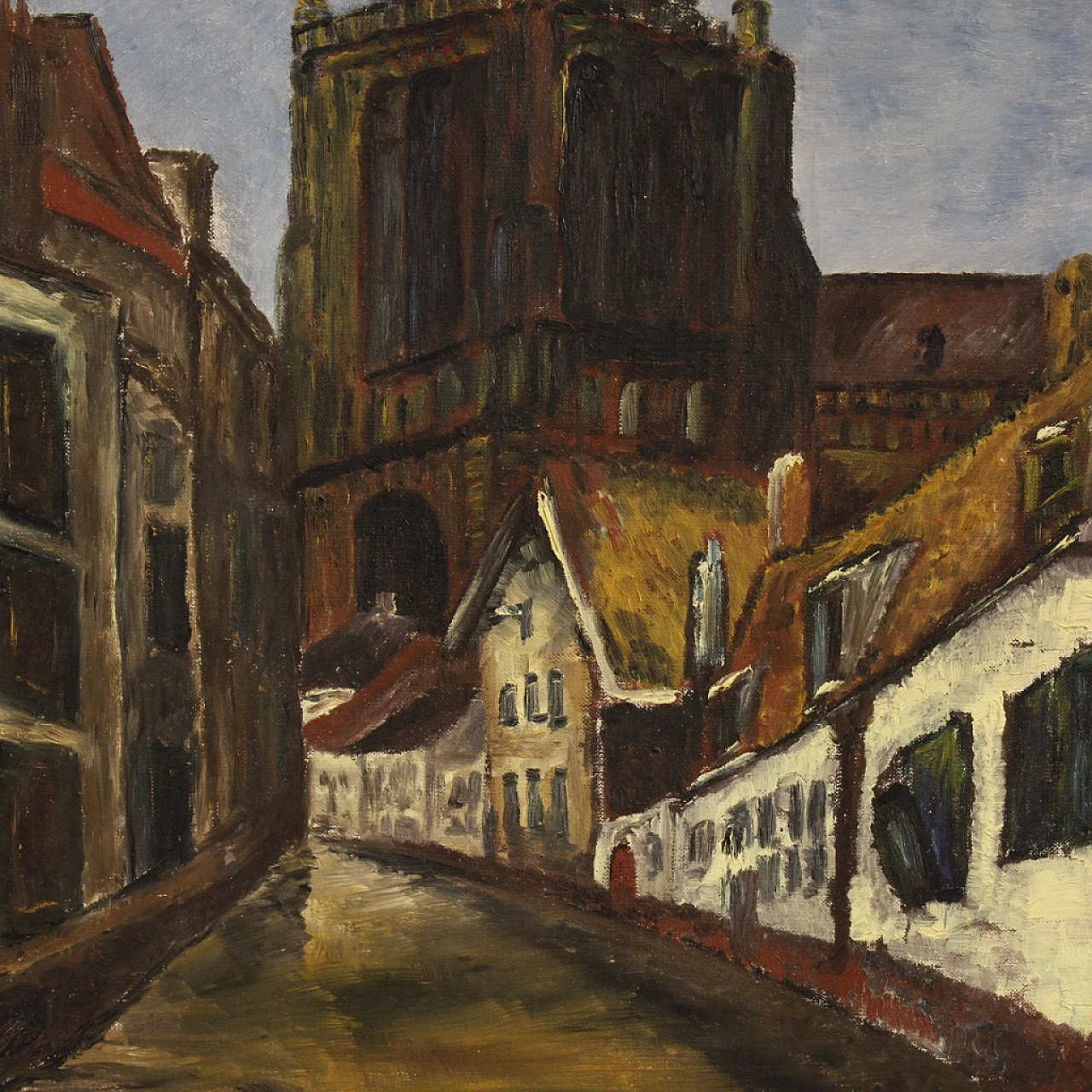 Dipinto olandese in stile impressionista di veduta di cattedrale, olio su tela, anni '60 10