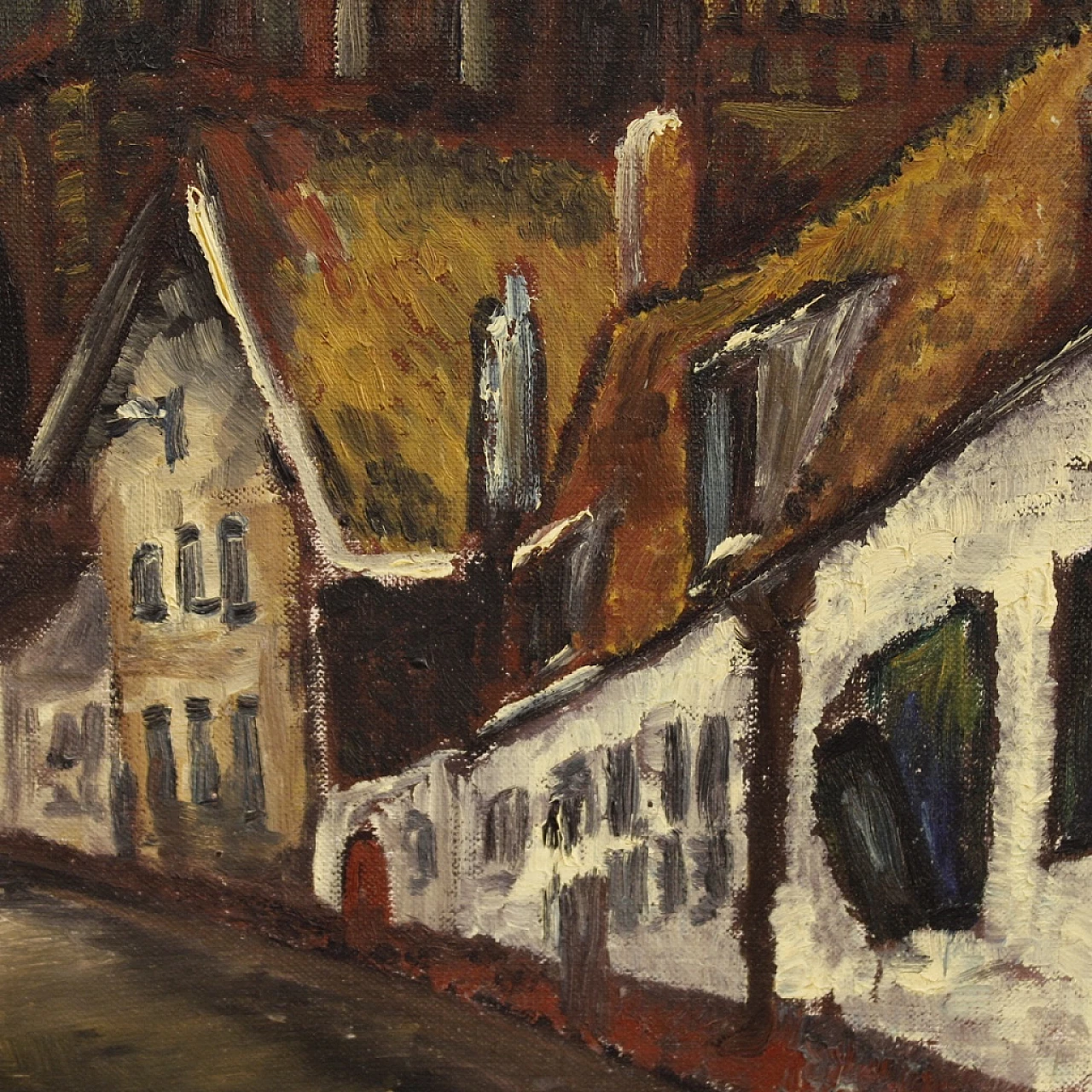 Dipinto olandese in stile impressionista di veduta di cattedrale, olio su tela, anni '60 11