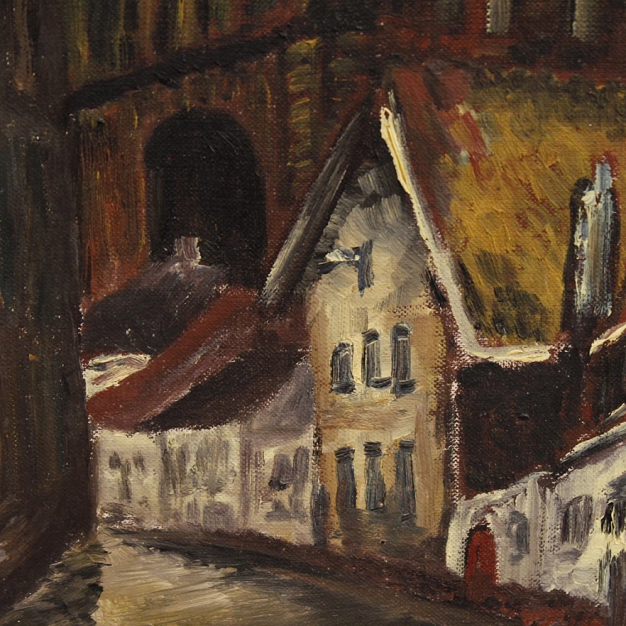 Dipinto olandese in stile impressionista di veduta di cattedrale, olio su tela, anni '60 12