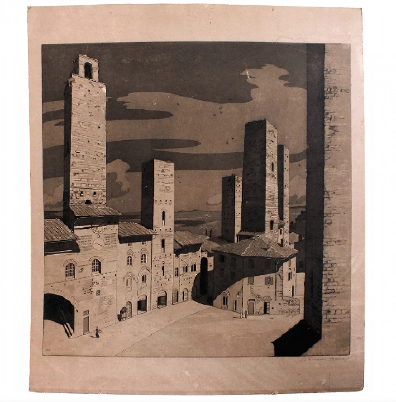 Sir Claude Francis Barry, towers of San Gimignano, aquatint, 1930s 1