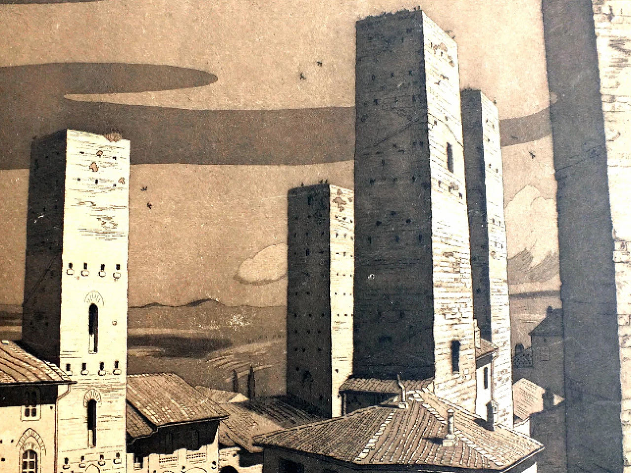 Sir Claude Francis Barry, torri di San Gimignano, acquatinta, anni '30 2