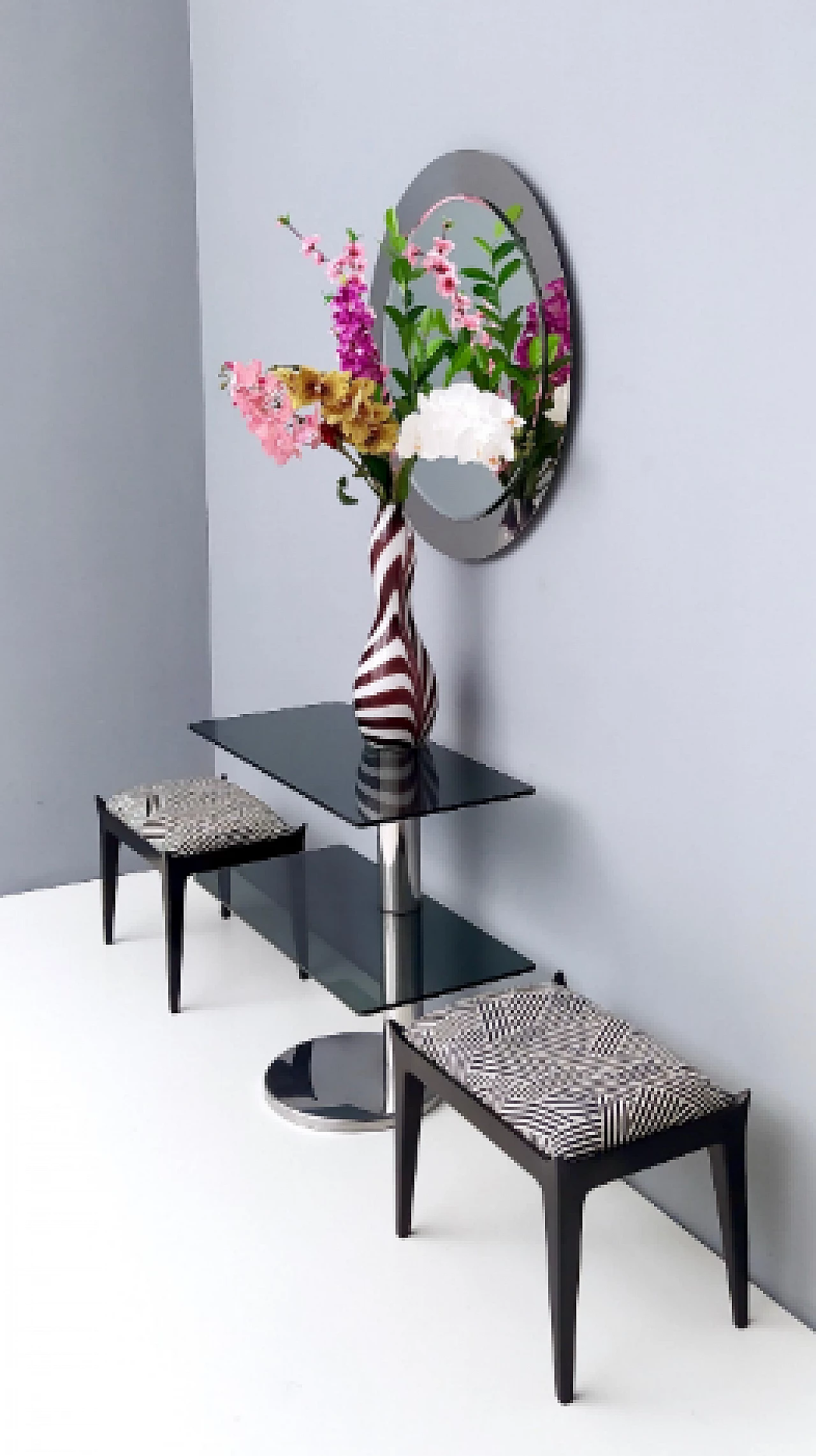 Consolle in metallo cromato con doppio ripiano in vetro fumé, anni '70 4