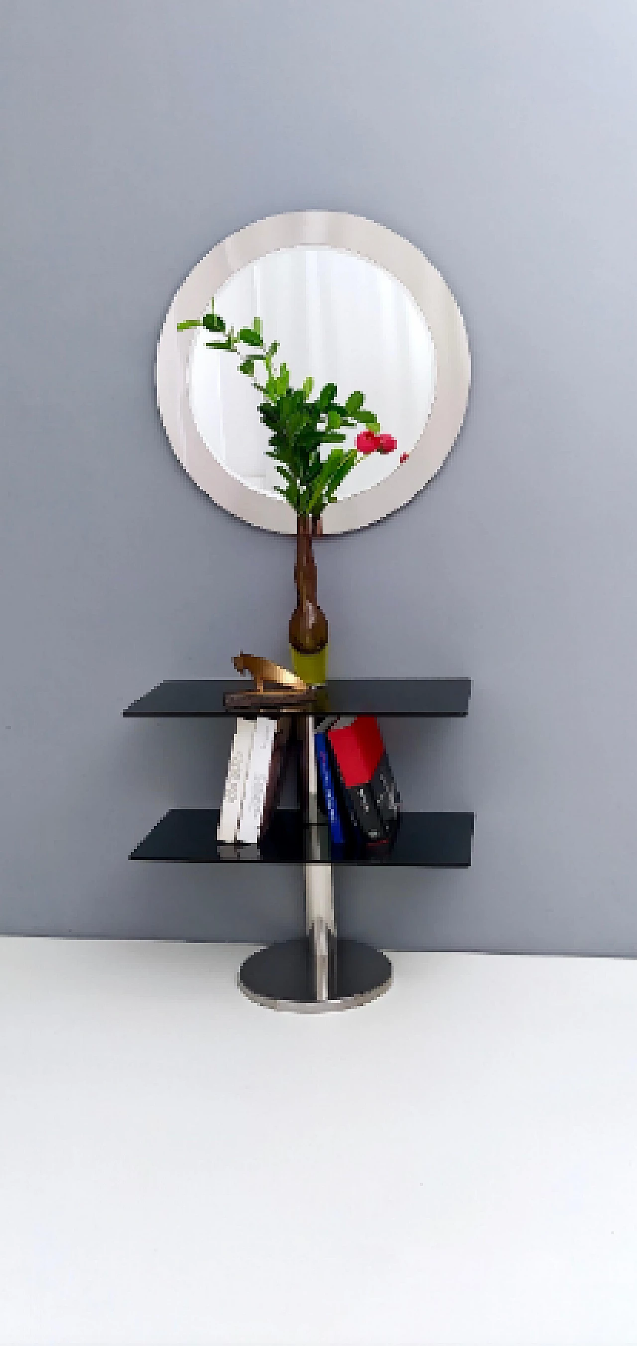 Consolle in metallo cromato con doppio ripiano in vetro fumé, anni '70 5