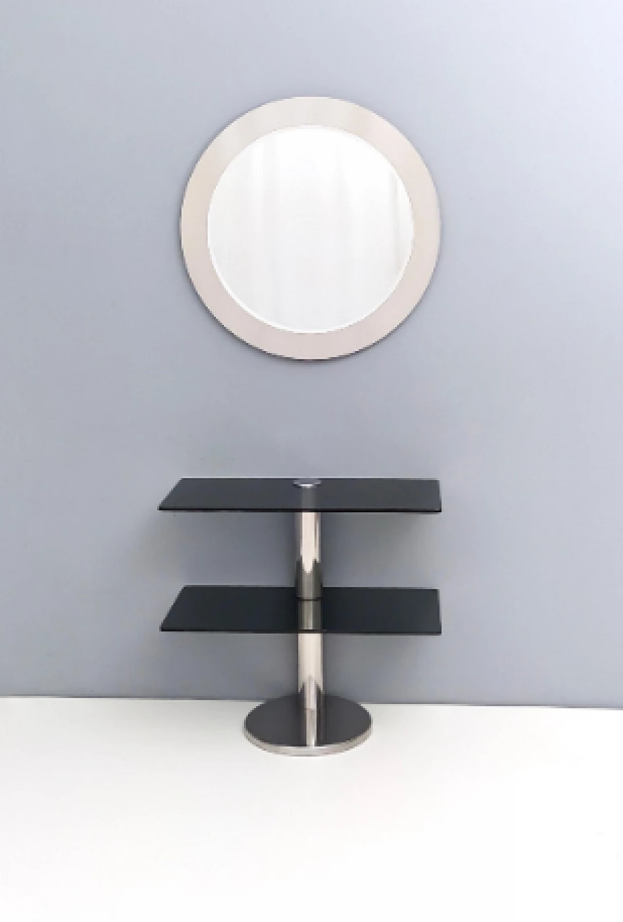 Consolle in metallo cromato con doppio ripiano in vetro fumé, anni '70 7