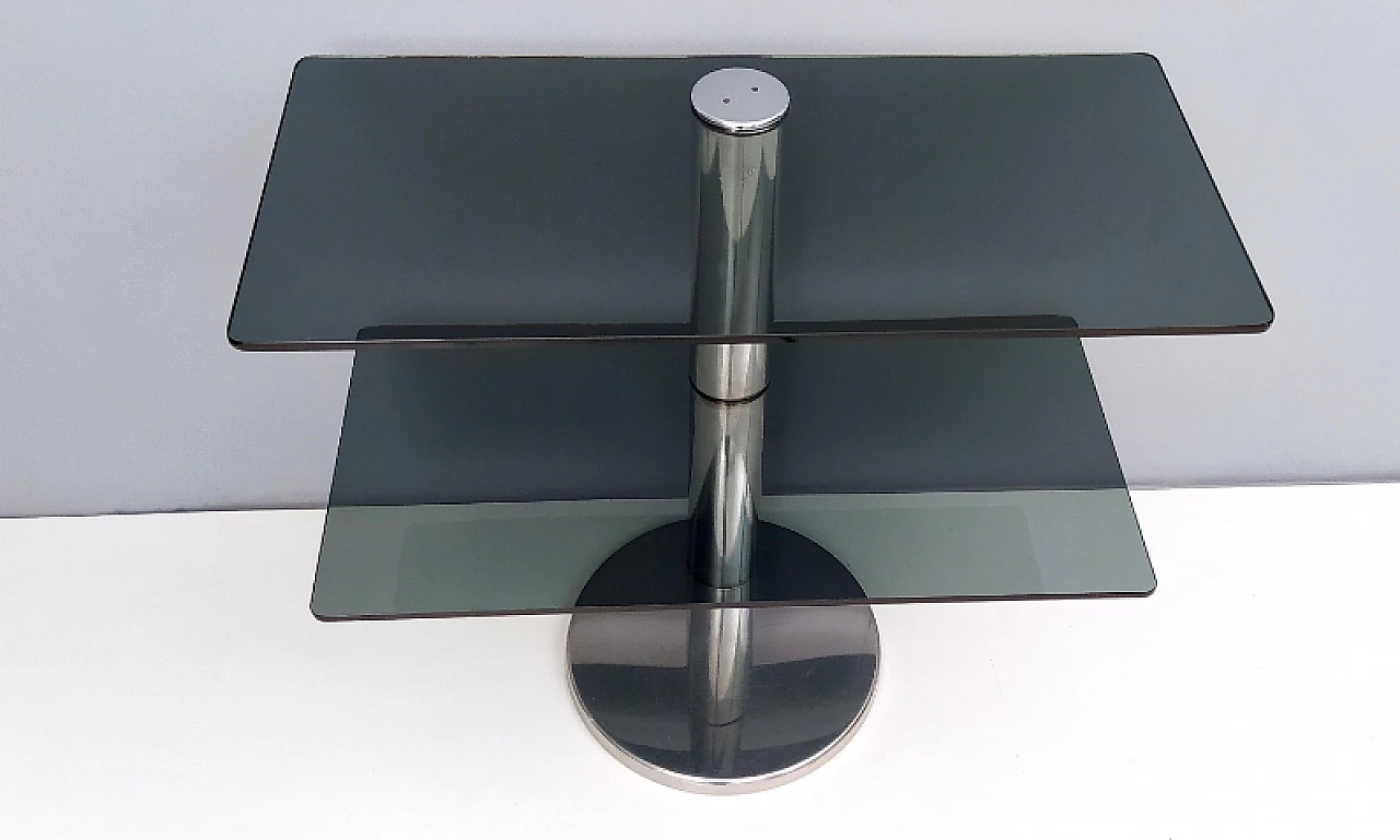 Consolle in metallo cromato con doppio ripiano in vetro fumé, anni '70 9